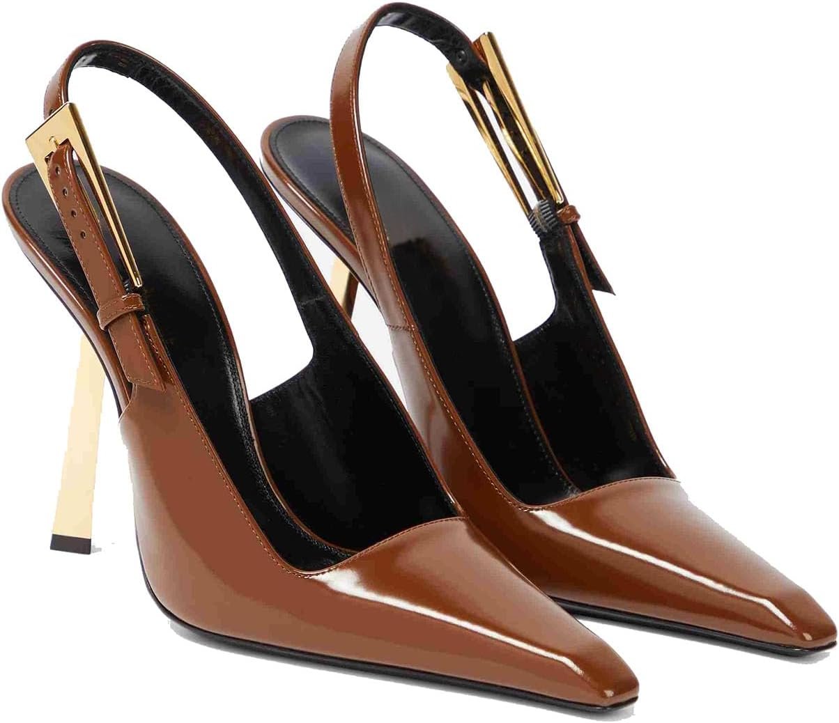 Women Slingback Stiletto High Heels Square Toe Metal Buckle Pumps Backless Patent Leather Fashion Dress Shoes for Women