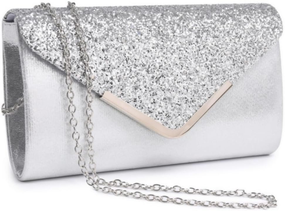 Women Evening Bags Formal Clutch Purses for Wedding Party Prom Handbags with Shoulder Strap and Glitter Flap