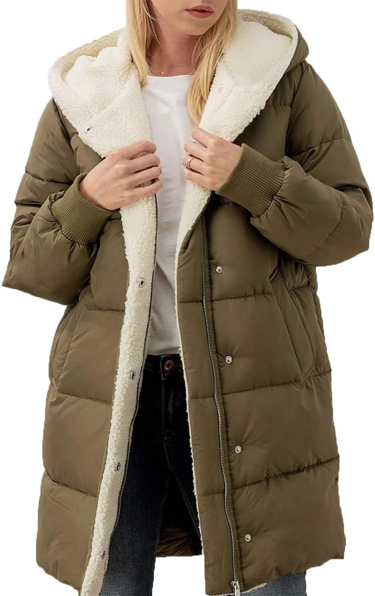 Women Sherpa Fleece Lined Puffer Jacket Winter Warm Hooded Long Coat