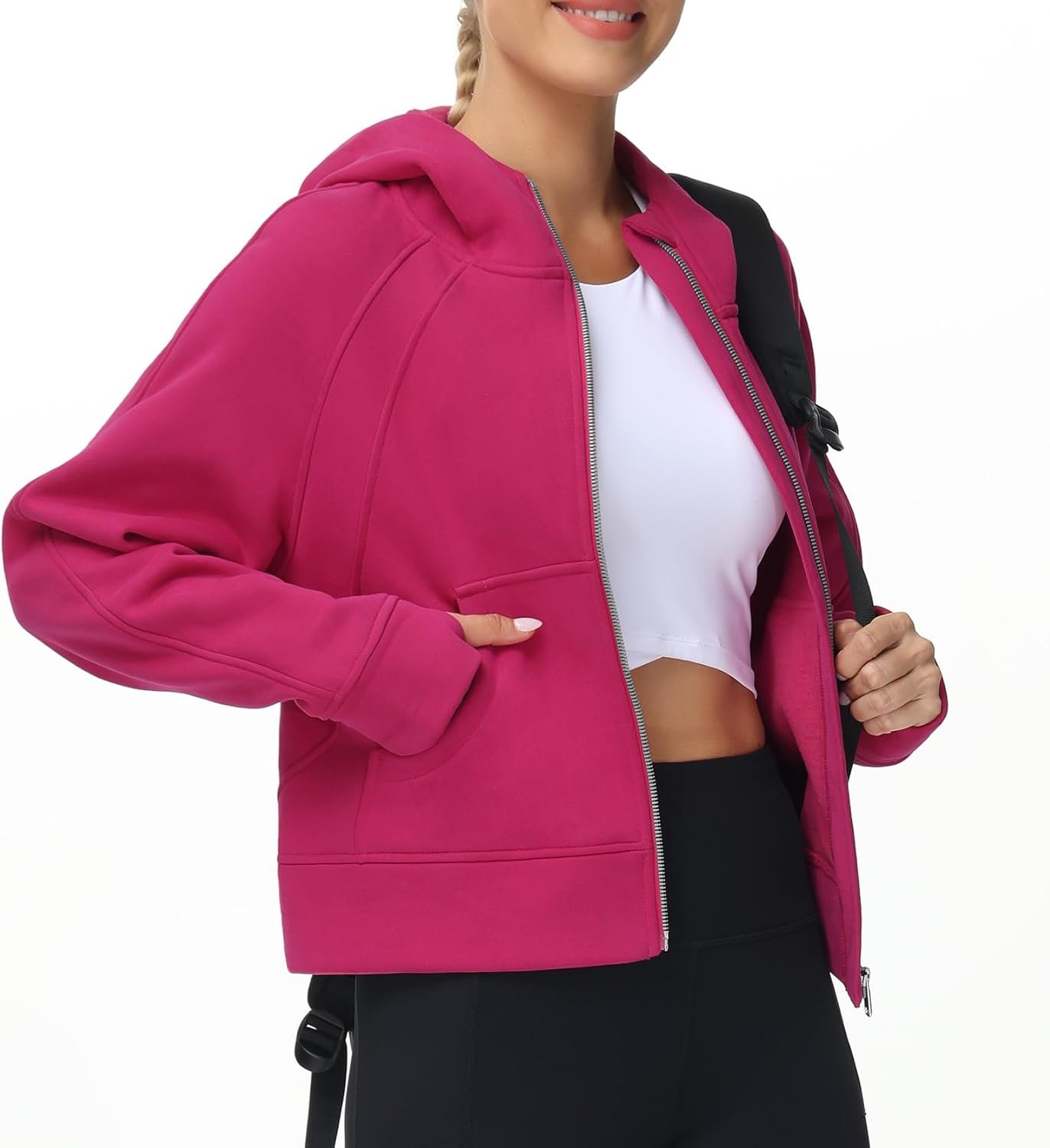 Women Full-Zip Up Hoodies Jacket Fleece Workout Crop Tops Sweatshirts with Pockets Thumb Hole - Image 2