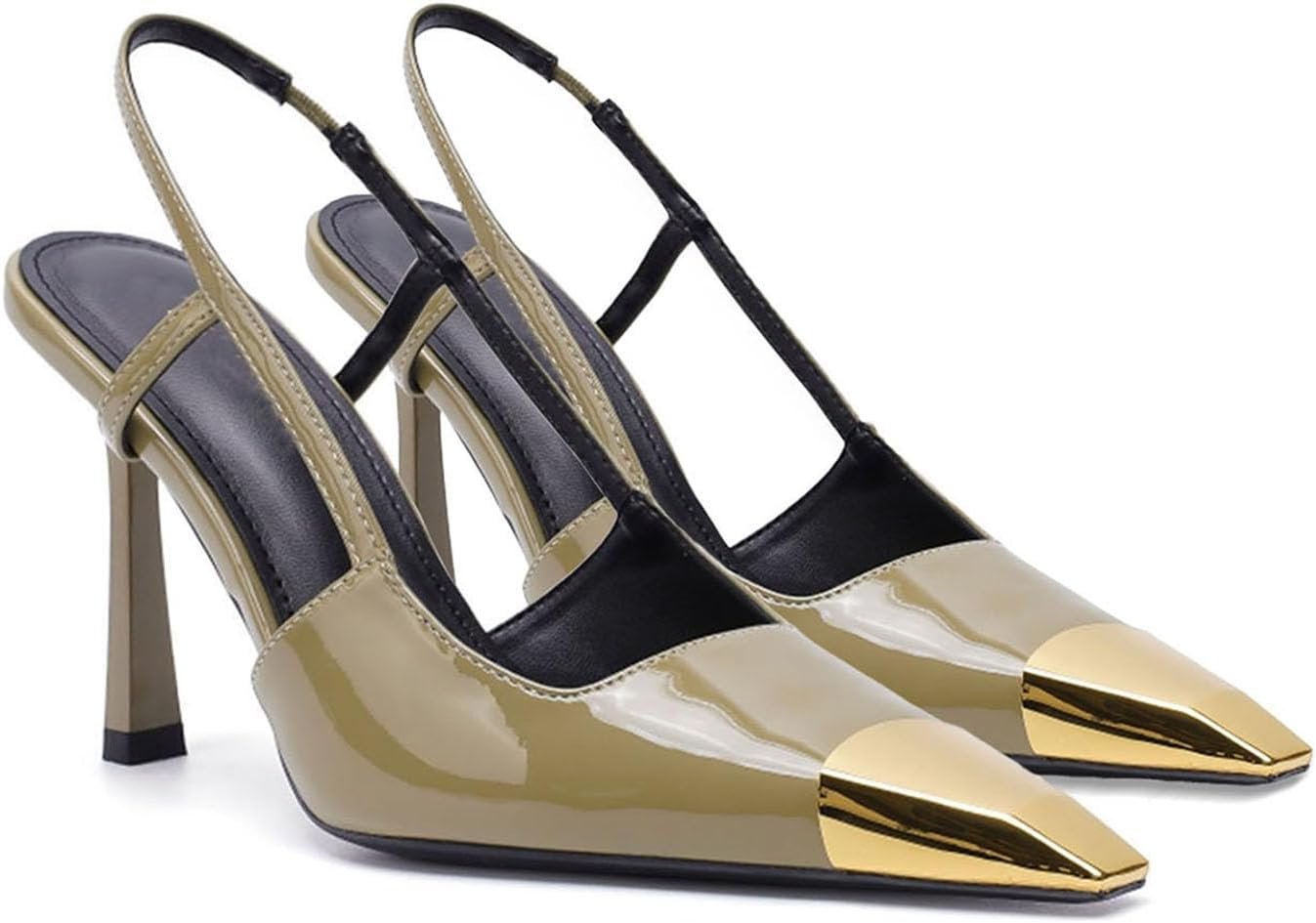 Women Slingback High Heels Metal Pointed Toe Leather High Stiletto Heel Pumps Slip on Elastic Strap Fashion Dress Shoes for Women