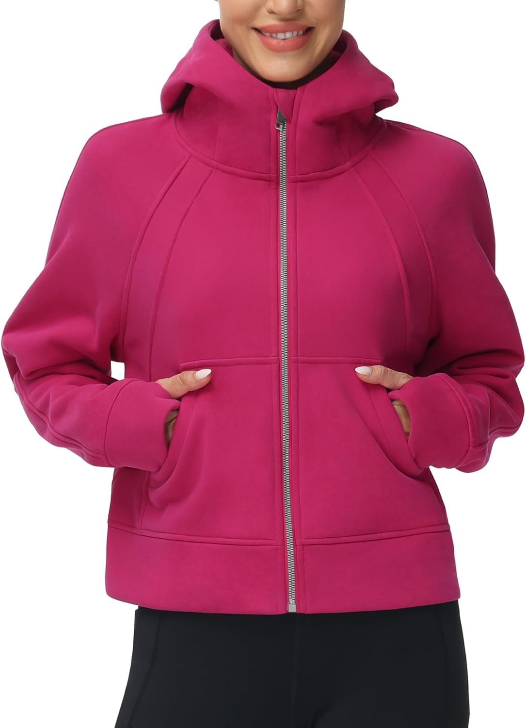 Women Full-Zip Up Hoodies Jacket Fleece Workout Crop Tops Sweatshirts with Pockets Thumb Hole