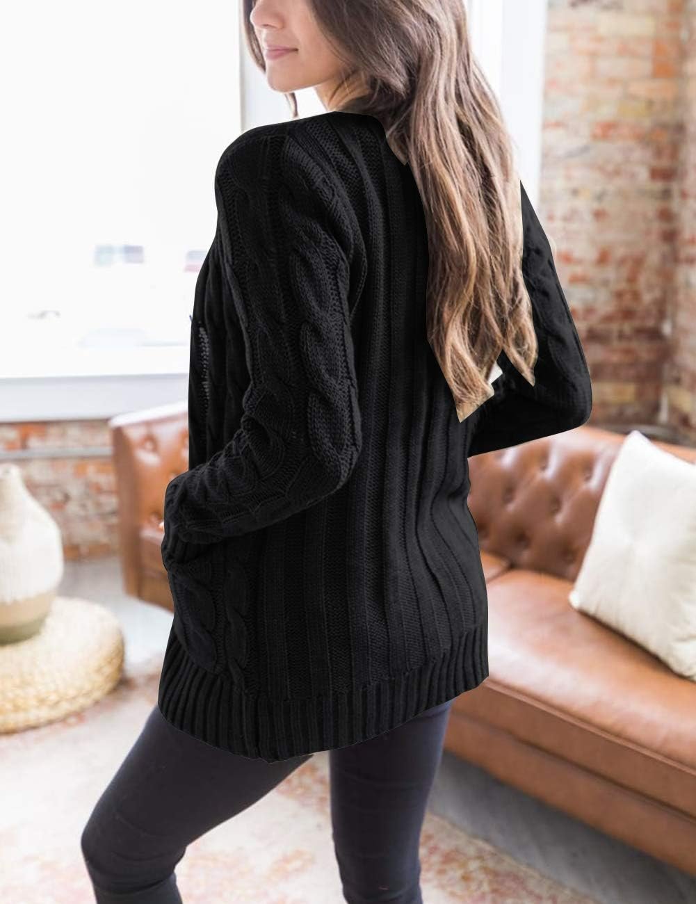 Women Fall Long Sleeve Cable Knit Sweater Open Front Cardigan Button Loose Outerwear - Image 2