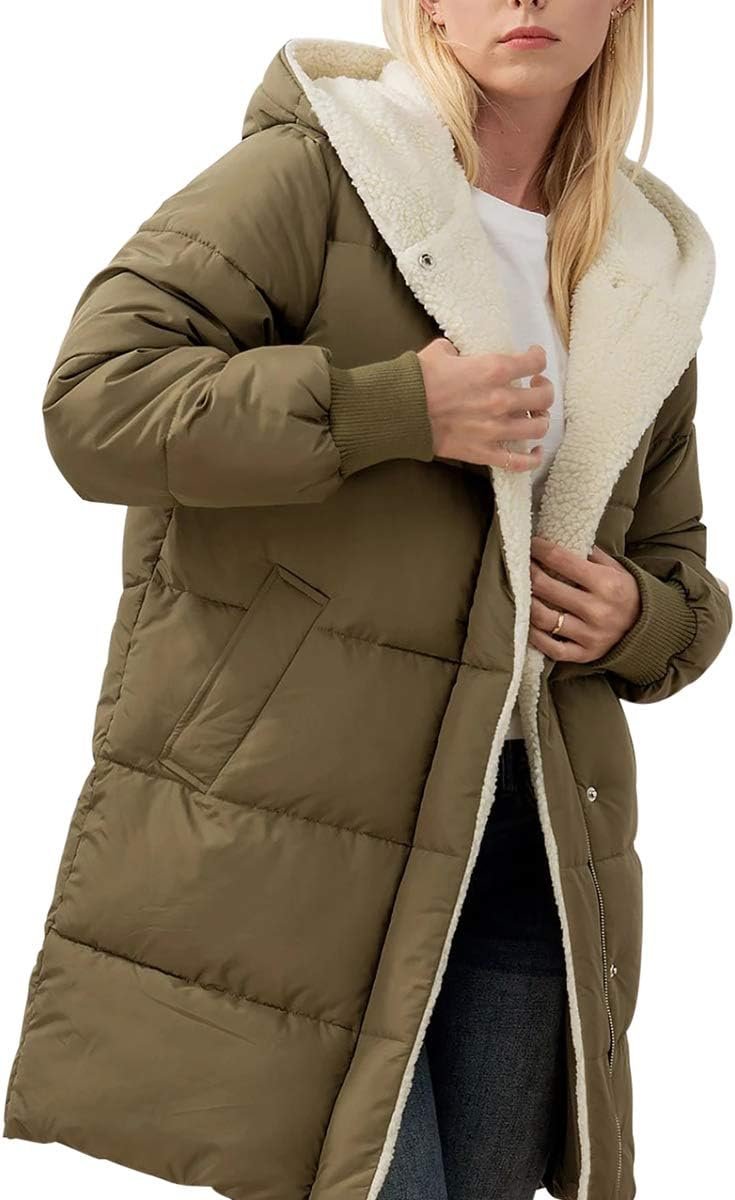 Women Sherpa Fleece Lined Puffer Jacket Winter Warm Hooded Long Coat - Image 2