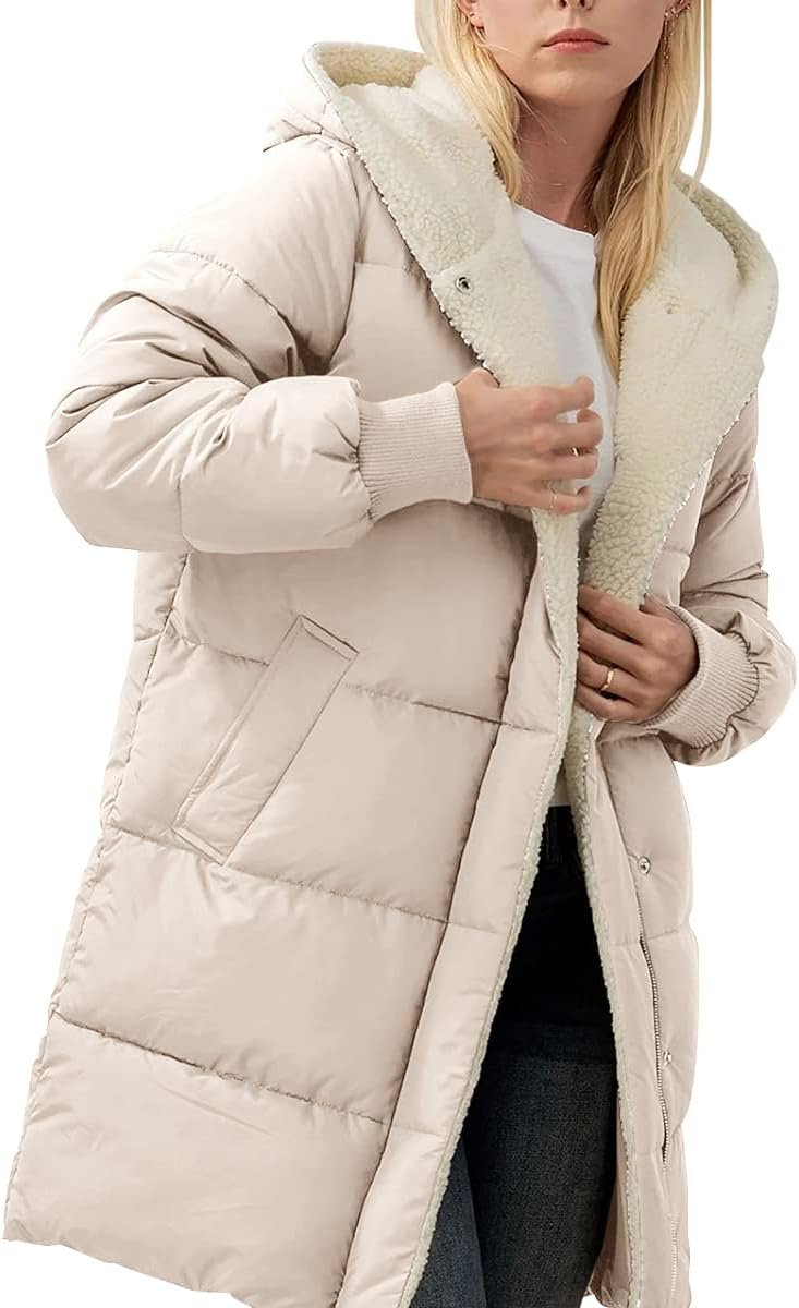 Women Sherpa Fleece Lined Puffer Jacket Winter Warm Hooded Long Coat - Image 2