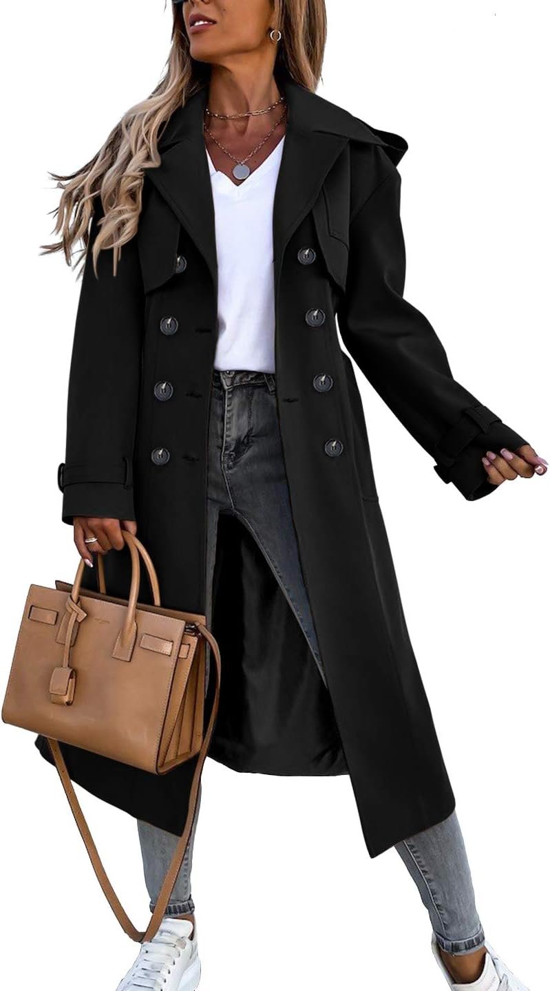 Women Double Breasted Long Trench Coat Windproof Classic Lapel Belted Overcoat with Pockets