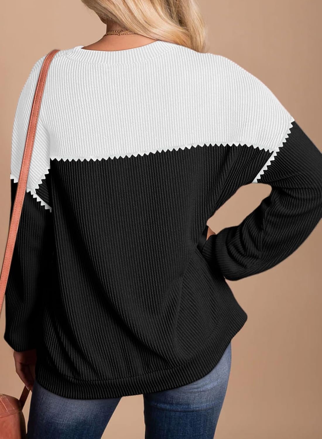 Women Fashion Color Block Long Sleeve Crewneck Knitted Casual Loose Pullover Shirts Tops - Image 2