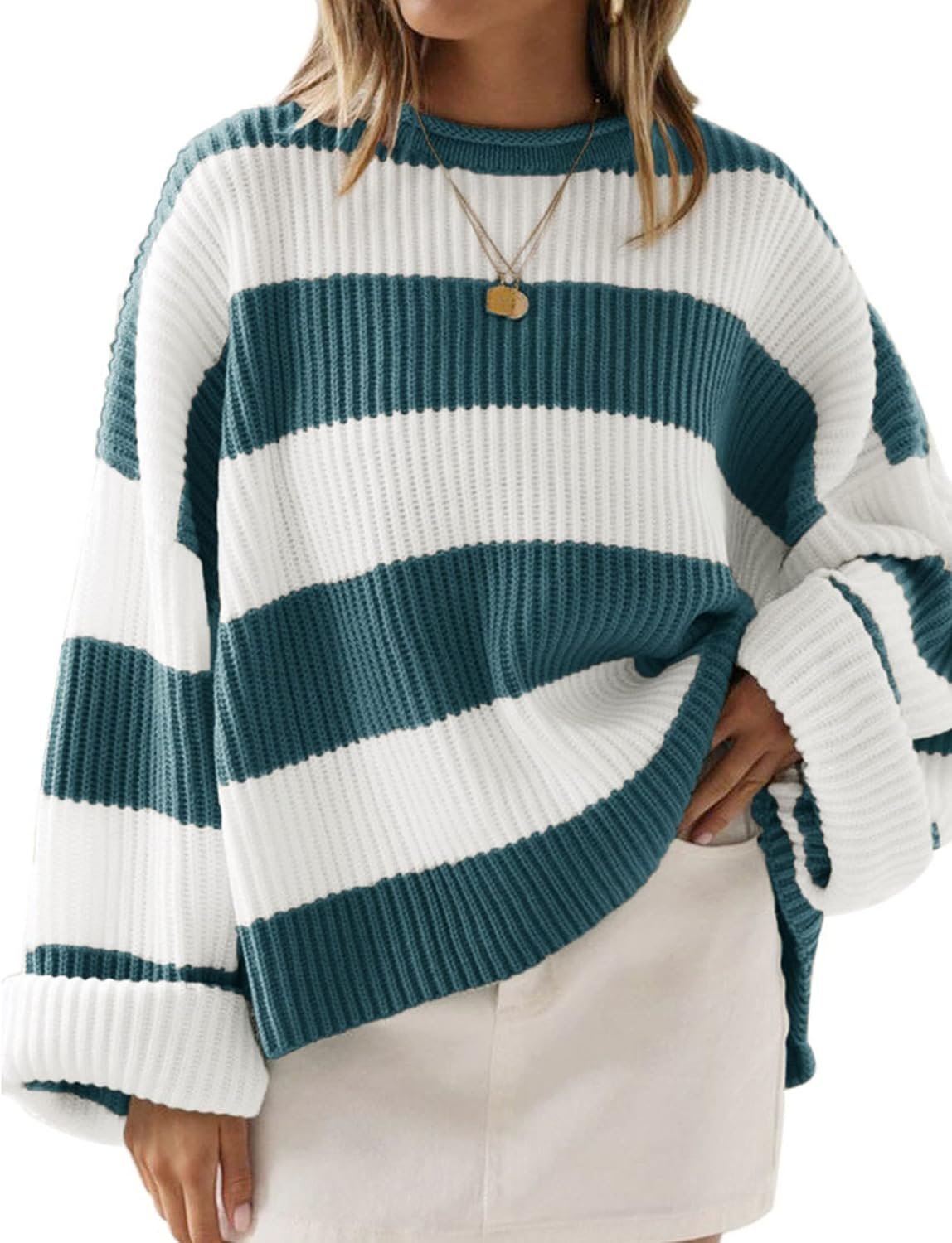 Women Fall Long Sleeve Crew Neck Striped Color Block Comfy Loose Oversized Knitted Pullover Sweater