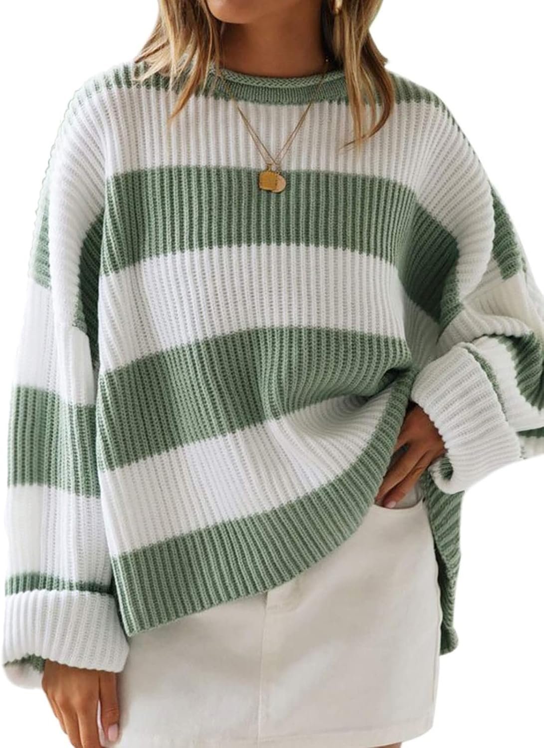 Women Fall Long Sleeve Crew Neck Striped Color Block Comfy Loose Oversized Knitted Pullover Sweater
