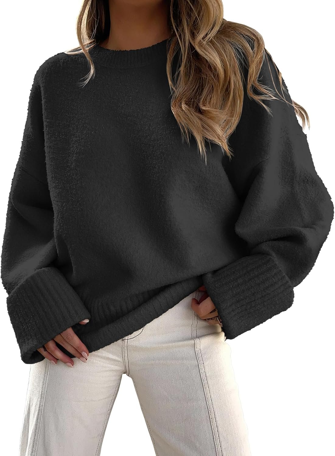 Women Oversized Sweater Crewneck Long Sleeve Soft Fuzzy Knit Pullover Sweaters Fall Fashion Warm Tops Clothes