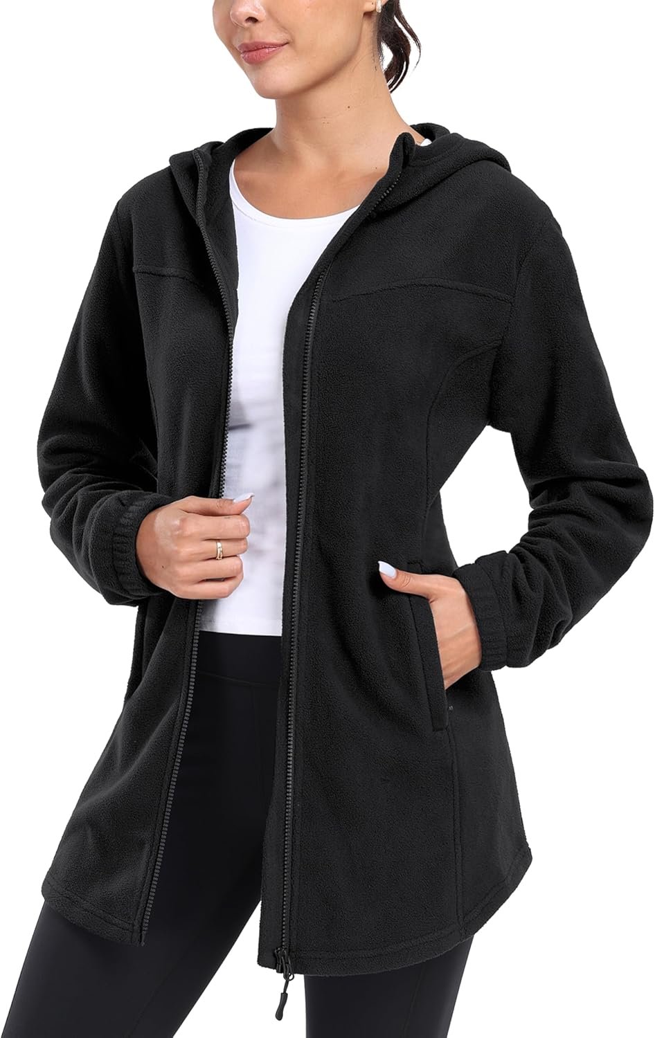 Women Long Polar Fleece Jacket Full Zip Up with Hood Lightweight Soft Fleece Coat for Travel & Winter Athletic Wear - Image 2