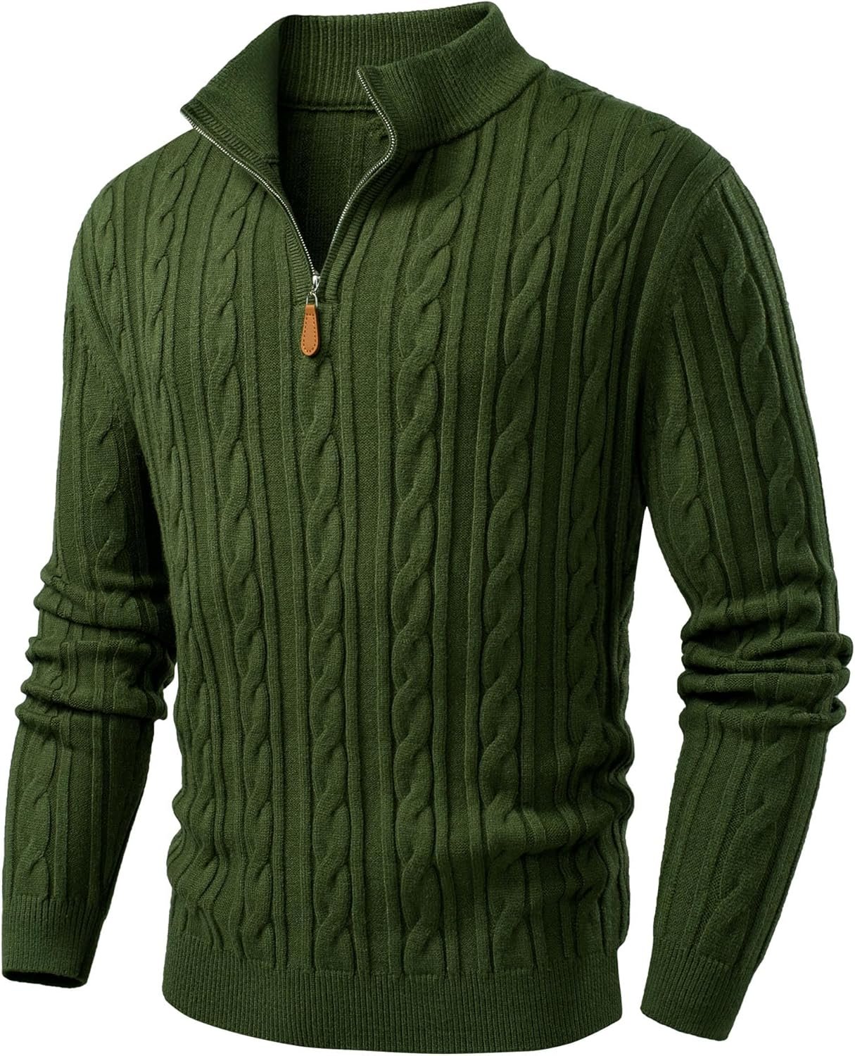 Men's Quarter Zip Pullover Sweater Cable Knit Casual Stand Collar Texture Knitted Sweaters