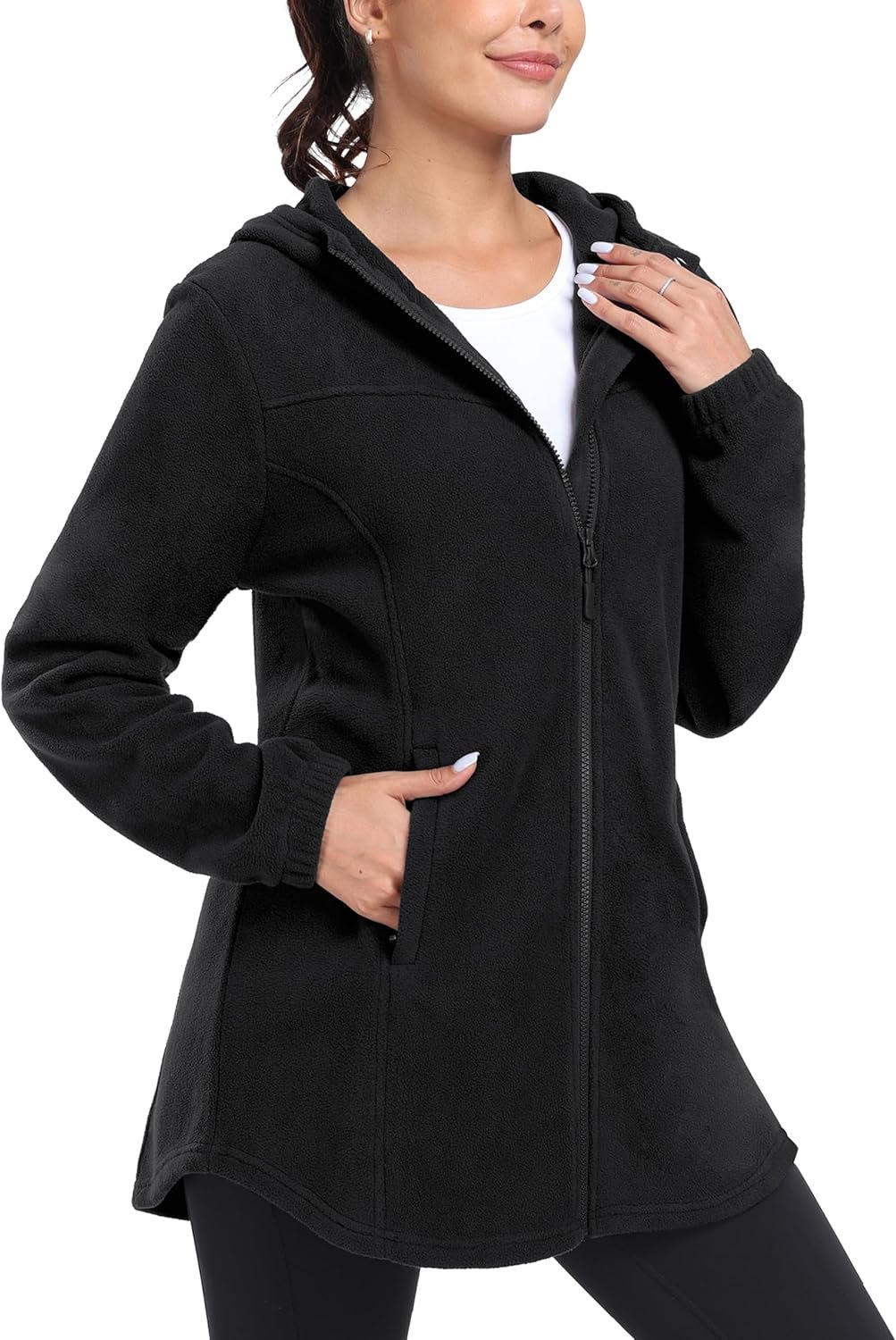 Women Long Polar Fleece Jacket Full Zip Up with Hood Lightweight Soft Fleece Coat for Travel & Winter Athletic Wear
