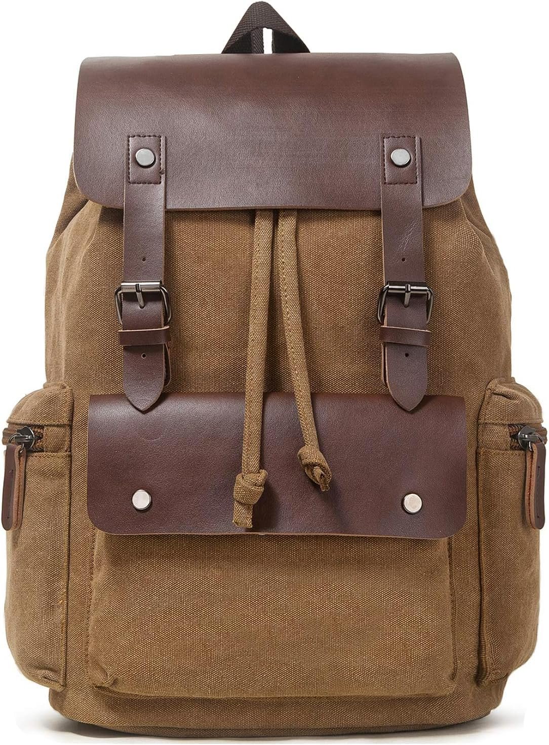Vintage Backpack, Canvas Leather Laptop Daypack for Men Women, Brown Travel Backpack Work Rucksack College Bookbag Fits 15.6 Inch Laptop, Brown