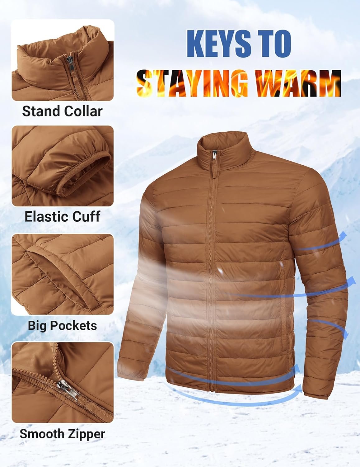 Mens Puffer Jacket Packable Lightweight Jackets Winter Coat Windproof Zipper Down Jacket - Image 2