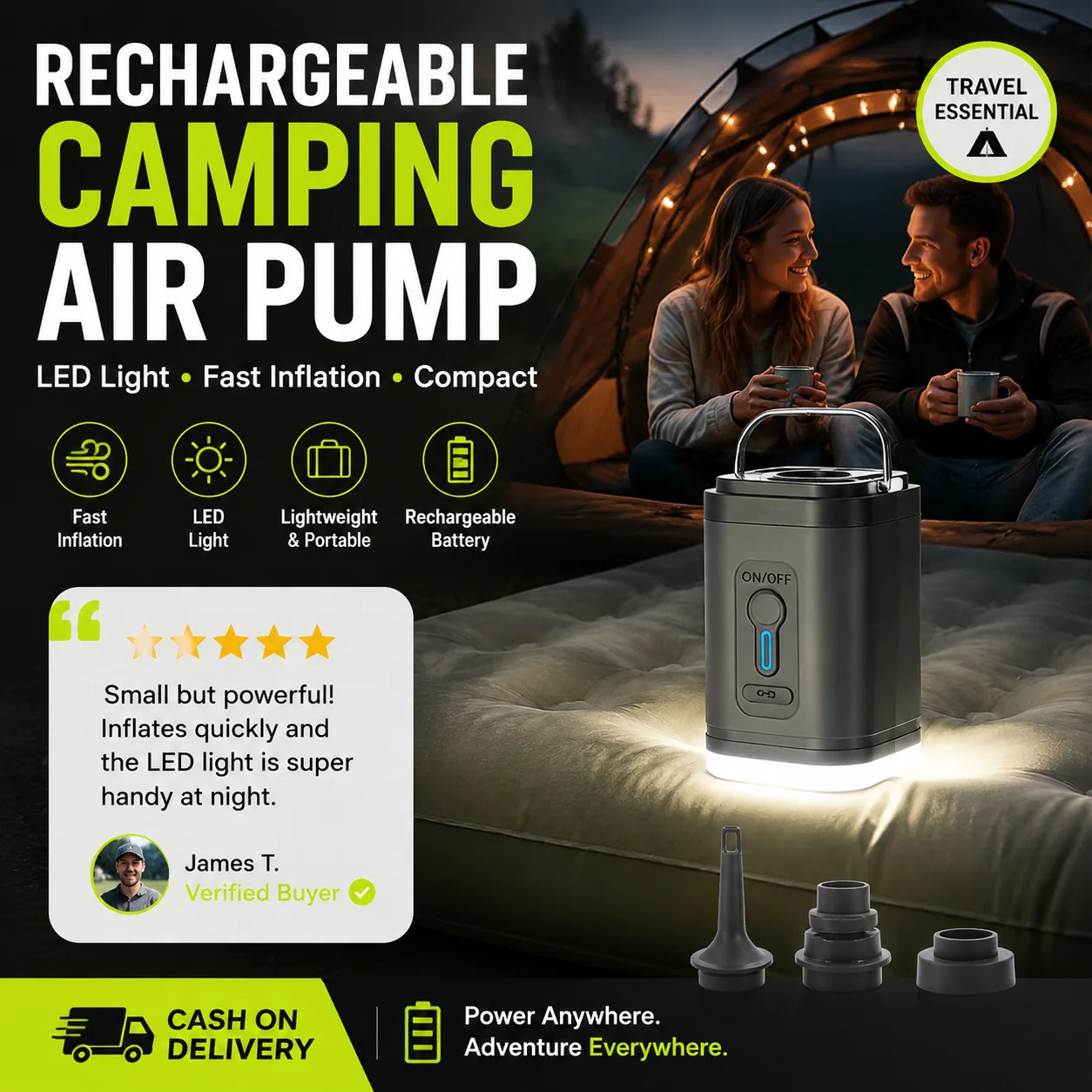 🏕️ Rechargeable Camping Air Pump – LED Light, Fast Inflation, Compact – Cash on Delivery 🔋 - Image 18