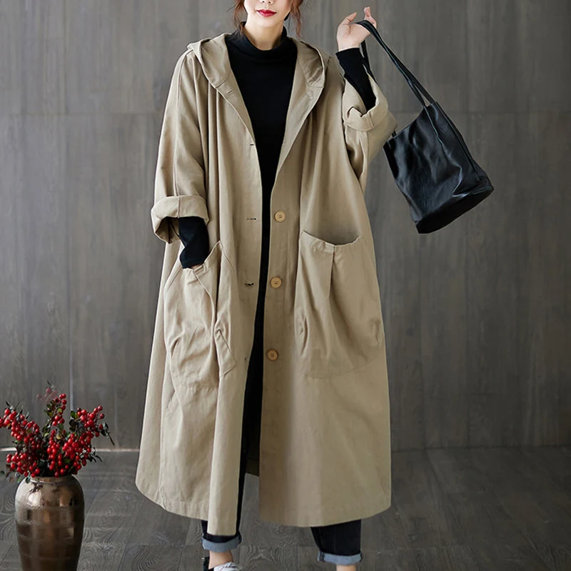 Oversized Large Pocket Hooded Long Trench Coat - Image 5