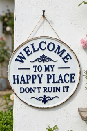 🏡Final Hours Flash Sale $9.74!!⏰Vintage Round Metal Sign – “Welcome to My Happy Place Don’t Ruin It” Garden Wall Decor