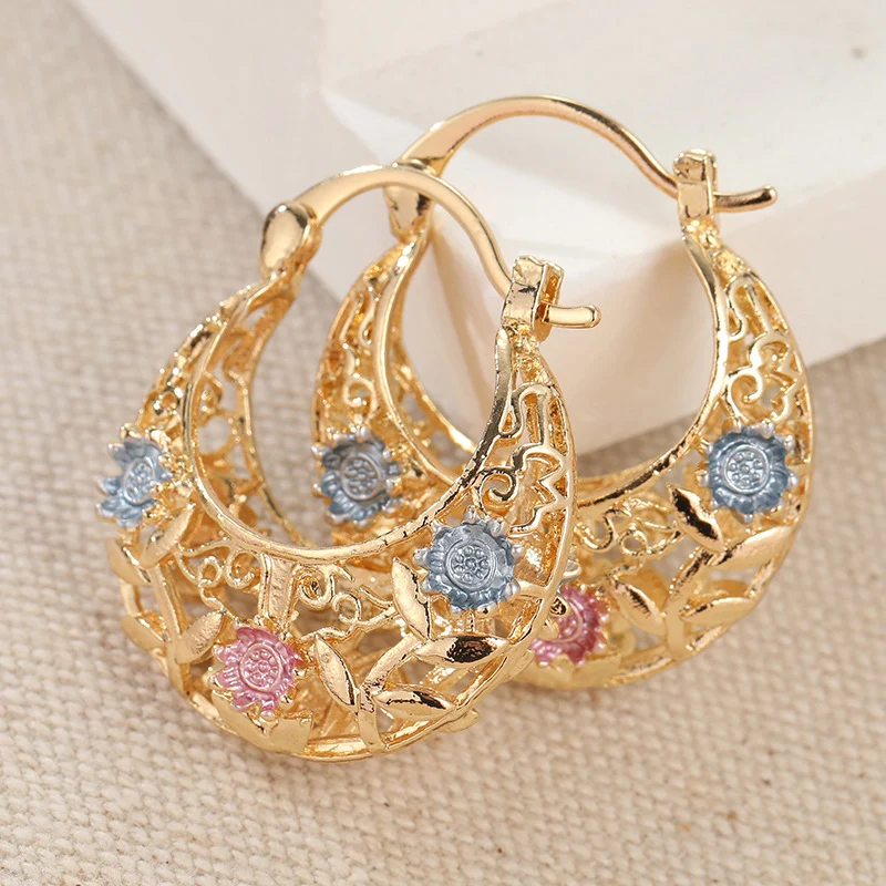 Gold-Plated Crescent Hoop Earrings with Enamel Flowers - Image 7