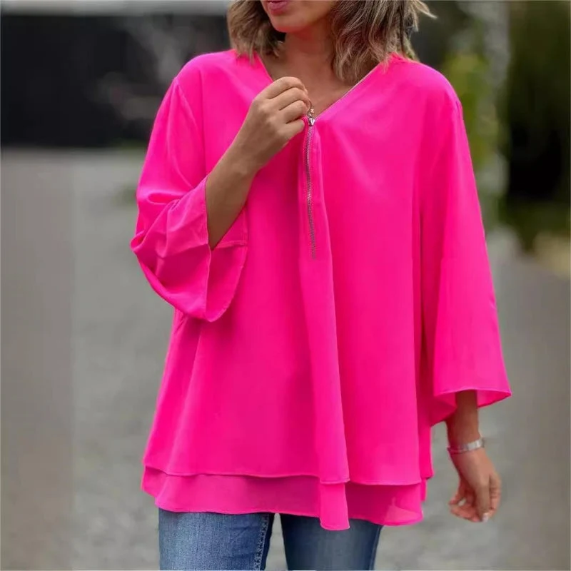 Double-Layer V-neck Zipper 3/4 Sleeves Soft Tops - Image 10