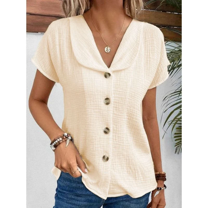 Women's Solid Color Button Down Lapel Short Sleeve Top - Image 10
