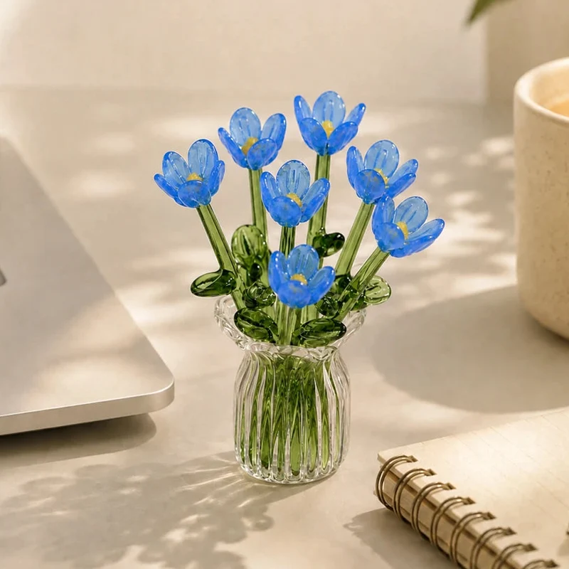 Miniature Colored Glass Flower Figurine Set