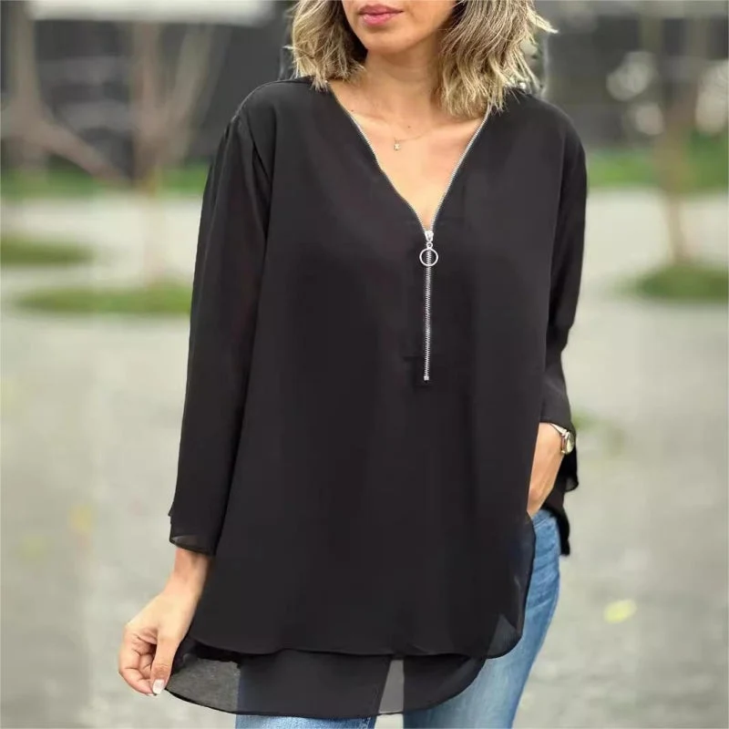 Double-Layer V-neck Zipper 3/4 Sleeves Soft Tops - Image 6