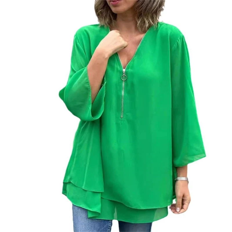 Double-Layer V-neck Zipper 3/4 Sleeves Soft Tops - Image 2