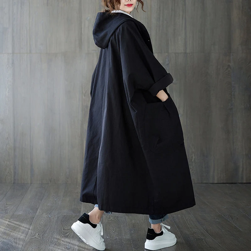 Oversized Large Pocket Hooded Long Trench Coat - Image 3