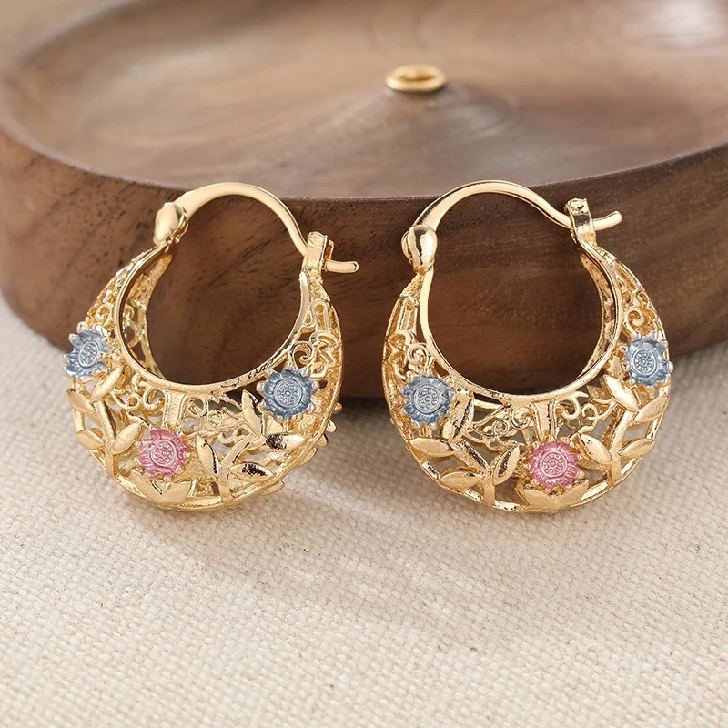 Gold-Plated Crescent Hoop Earrings with Enamel Flowers - Image 3