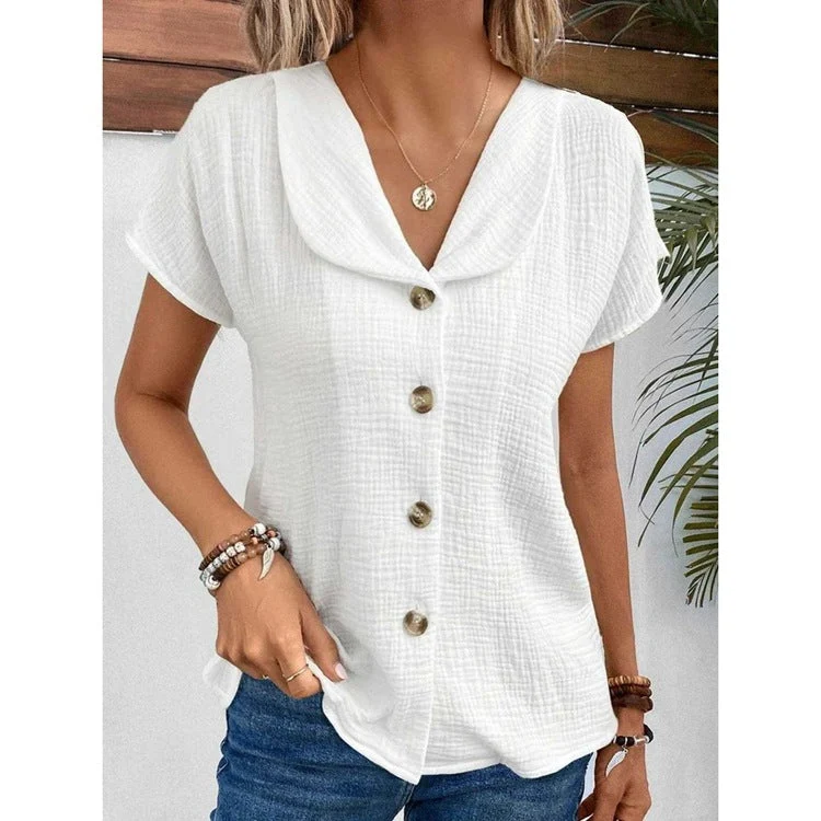Women's Solid Color Button Down Lapel Short Sleeve Top - Image 8