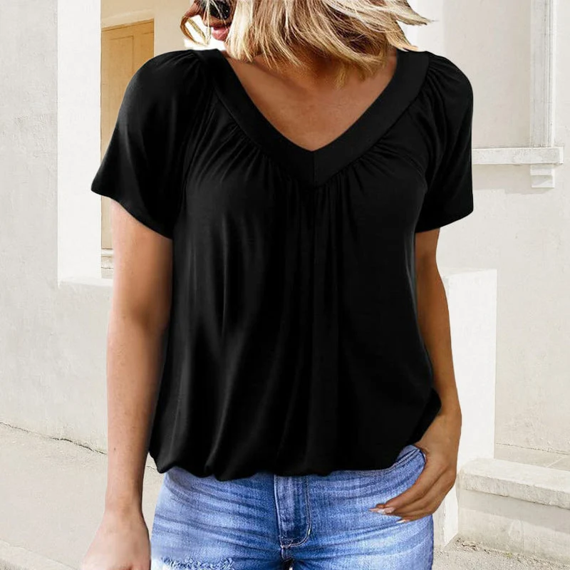 Women's Casual Pleated V-Neck Short-Sleeve Top - Image 4