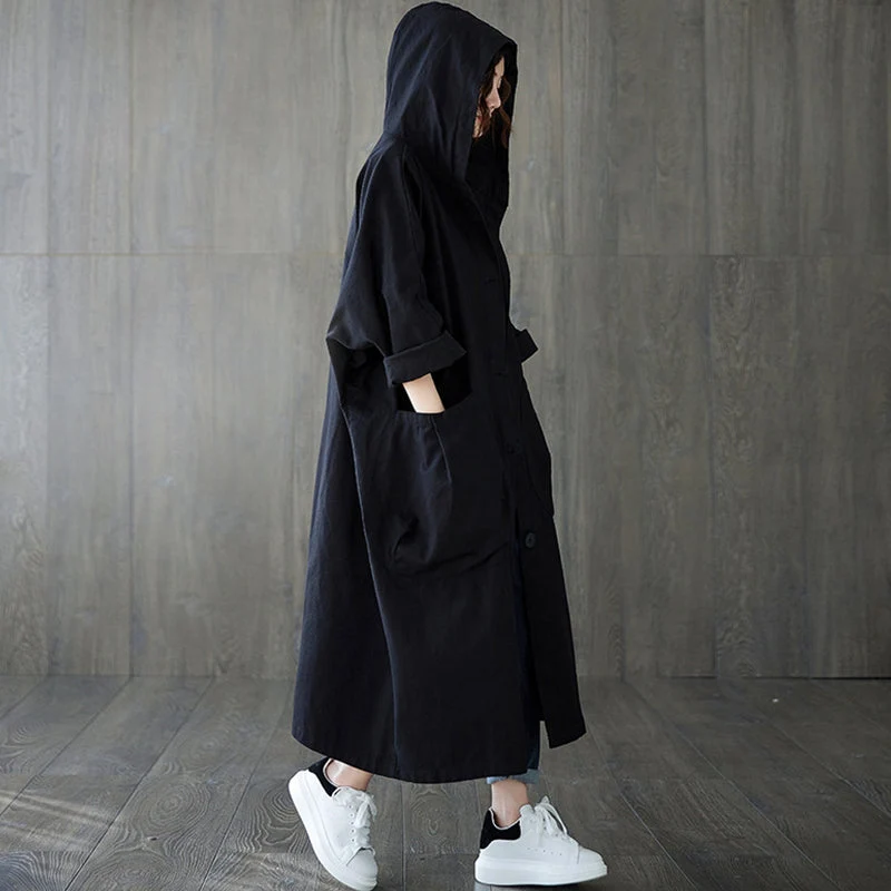 Oversized Large Pocket Hooded Long Trench Coat - Image 4