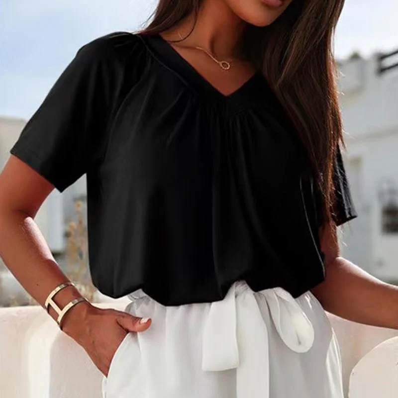 Women's Casual Pleated V-Neck Short-Sleeve Top - Image 17