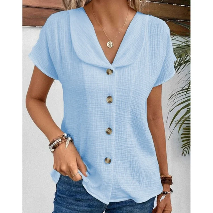 Women's Solid Color Button Down Lapel Short Sleeve Top - Image 4