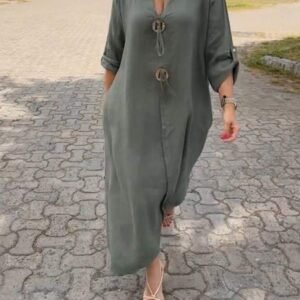 Casual V-neck Cotton and Linen Dress