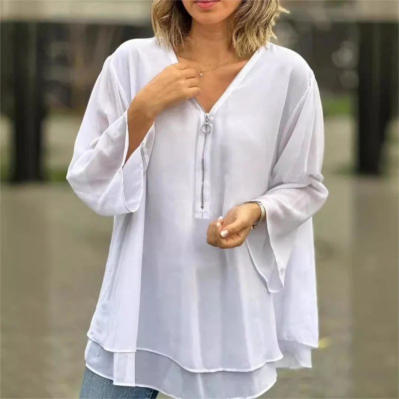 Double-Layer V-neck Zipper 3/4 Sleeves Soft Tops - Image 5